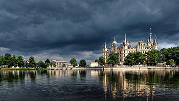 castle, lake, thunderstorm, city, clouds, nature, historical Page, covered, schwerin, germany, fortress