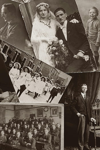 monochrome photo, old pictures, vintage family photographs, nostalgic collage, black and white, wedding photo, classroom photo, group photo, historical images, antique photos, sepia tone