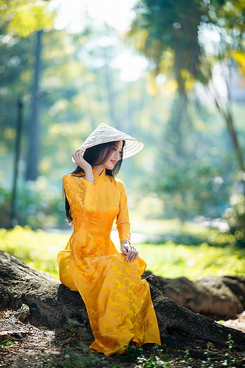ao dai, divat, nő, vietnami, Sárga Ao Dai, Vietnami nemzeti ruha, hagyományos ruha, hagyományos, szépség, szép, lány