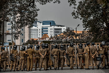 police officers, city street, uniformed police, back view, urban scene, buildings, trees, road, law enforcement, public safety, cityscape