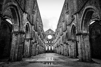 fotografie ve stupních šedi, budova, Černý a bílý, Historické ruiny, Abbey San Galgano, architektura, oblouky, sloupců, interiér, černobílý, opatství