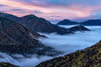 hory, vrchol, mraky, krajina, západ slunce, summitu, Příroda, údolí, les, večer, mlha