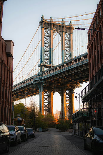 most manhattan, Brooklynské ulice, osvětlení západu slunce, Ikonický pohled, New York City, městské krajiny, architektura mostů, panoráma fotografie, západ slunce scéna, budovy brooklyn, Street View