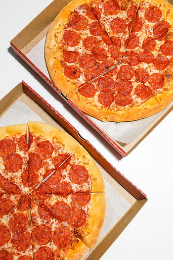 pizzas, brown carton boxes, freshly baked, pepperoni pizzas, open cardboard boxes, ready to enjoy, pizza slices, cheese, pepperoni, delivery, takeaway