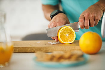 taglio, frutta, cucina, arancia, fetta, coltello, cibo, mano, salutare, cucinando, di legno