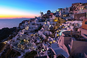 západ slunce, domy, Řecko, santorini, thira, Příroda, ostrov, scenérie, oceán, luxus, Dovolená