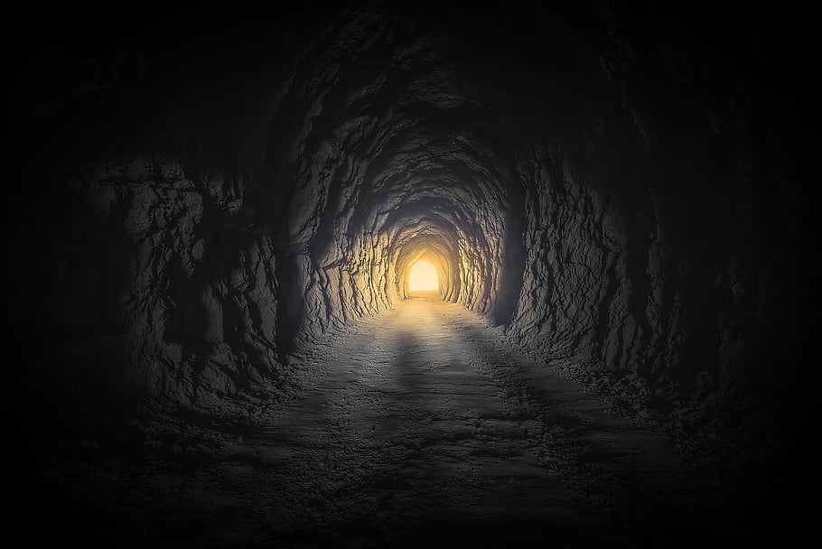 tunel, světlo, ponurý, temný, umění
