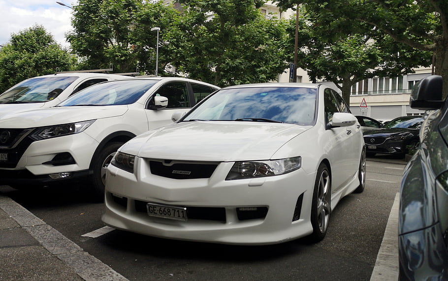 Honda, Accord, Mugen, white car, parked, street, trees, license plate, front view, modified, sedan