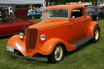 oranžové klasické kupé, zelené louky, Historické auto, Venkovní výstava, jasně oranžová, klasické auto, Přehlídka aut, vinobraní automobil, venkovní akce, klasické vozidlo, výstava automobilů