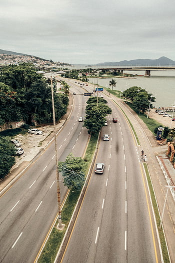 aerial view, highway, Santa Catarina Island, Florianópolis, Brazil, traffic, bridge, shore, captivating, aerial shot, road
