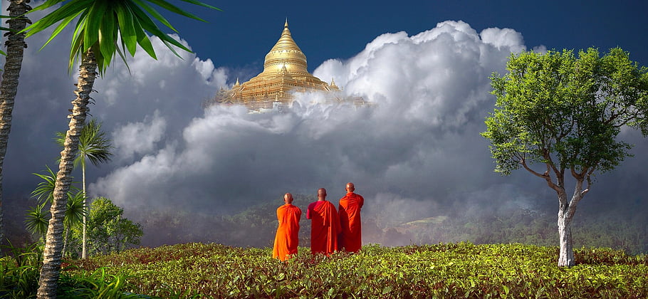 monks, temple, buddhism, sky, clouds, religion, spiritual, faith, holy, heavenly, magical