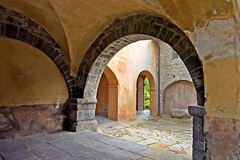 middle Ages, church, courtyard, ancient, romanesque Arch, paved, romantic Style, historical Building, monastery, religion, christianity