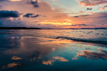 kysten, skyer, solnedgang, ocean, Levende refleksioner, Tranquil Beach, fantastisk solnedgang, ocean sceneri, strand solnedgang, himmel refleksioner, kystlandskab