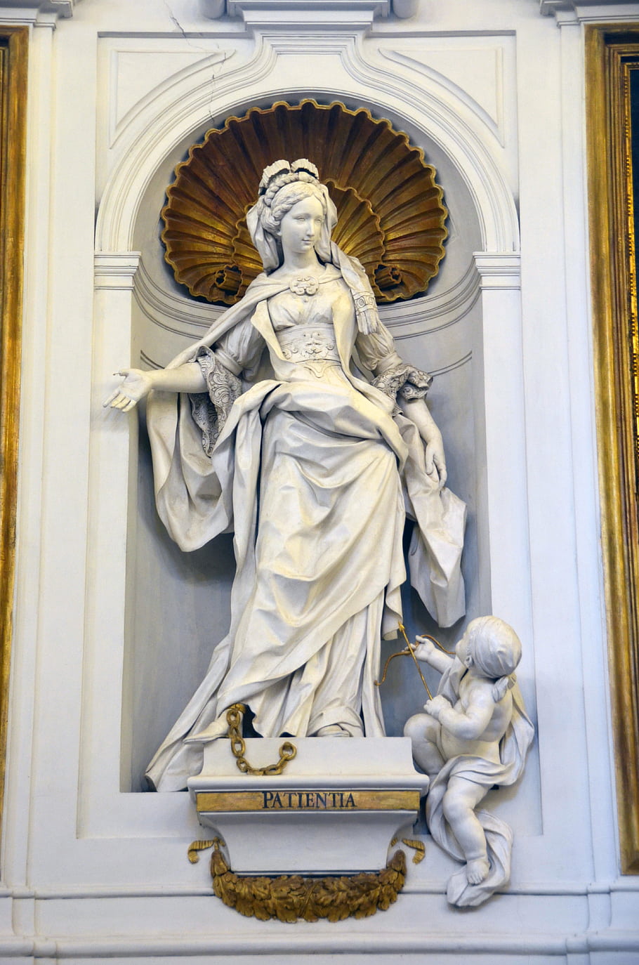 Giacomo Serpotta, Oratorio del Rosario, San Domenico, Palermo, Sicily, statue, patience, putto, arrow, chains, serenity