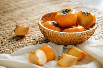 ripe persimmons, wicker basket, textured surface, natural eating, healthy eating, persimmon fruit, wicker surface, basket of persimmons, fresh persimmons, natural food, healthy food