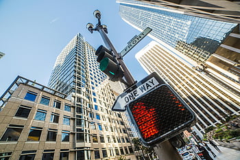 Front Street, one way sign, no walking sign, skyscrapers, downtown San Francisco, traffic light, dynamic perspective, cityscape, urban scene, street signs, traffic signals