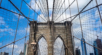 nyc, USA, Most Brookliński, Manhattan, Miasto, Ameryka, ny, sylwetka na tle nieba, budynek, metropolia, architektura