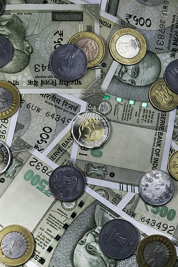 Indické mince, indických rupií, Indické bankovky, Bohatství v Indii, Finance v Indii, pohled shora, měna, peníze, indické měny, Indické finance, Indické bohatství