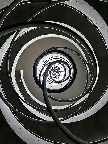 abstraktní pruhy, Vzhled interiéru, točité schodiště, architektonický vzor, Umělecký pohled, abstraktní architektura, fotografování interiérů, moderní design, geometrické tvary, Černý a bílý, minimalistický design