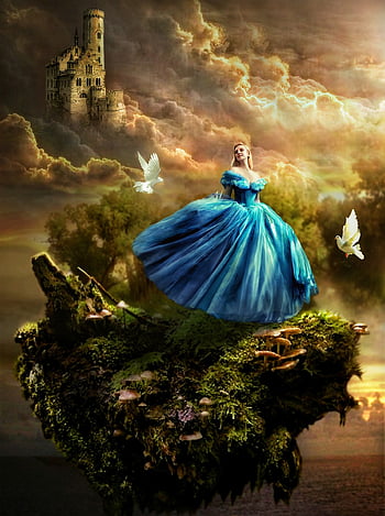 fantasy, fairy Tale, princess, castle, birds, mystical, clouds, light, surreal, photomontage