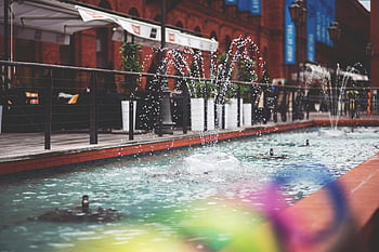 water fountain, dynamic fountains, splashing water, Manufaktura, Lodz, outdoor fountains, beautiful outdoors, water spraying, fountain water, public fountain, city fountain