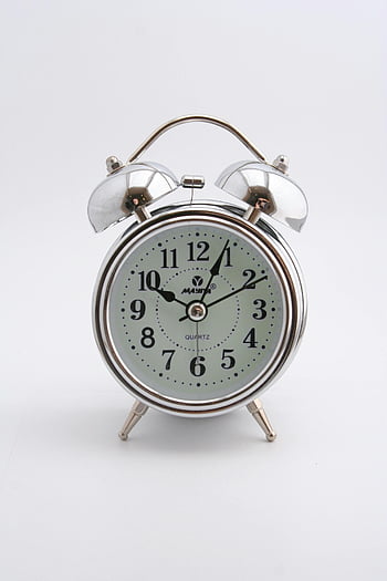 alarm clock, retro alarm clock, silver alarm clock, white background, close-up, retro style, isolated, quartz clock, vintage alarm clock, classic alarm clock, timekeeping device