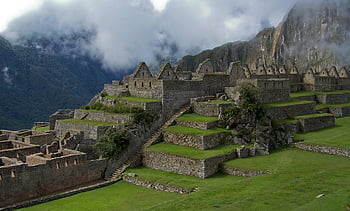 Machu Picchu, Peru, ancient stone ruins, cloudy sky, landscape photography, breathtaking view, Inca civilization, mountain ruins, historical site, travel destination, South America