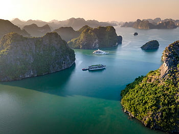 letecký pohled, záliv Halong, Vietnam, výletní lodě, pohled, nádherný výhled, přírodní krajina, krasové útvary, tyrkysové vody, cíl cesty