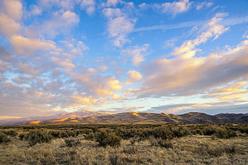 scenic landscape, savanna, mountains, grassy plains, blue sky, clouds, sunset, natural beauty, outdoor scenery, peaceful environment, wilderness view