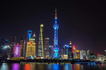skyline di shanghai, notte, Skyline illuminato, torre di perle orientali, skyline della città, vista incredibile, città di shanghai, paesaggio urbano notturno, torre iconica, Scena della notte urbana, vista notturna di shanghai