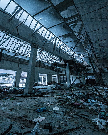 abandoned warehouse, broken roof, urban decay, eerie atmosphere, industrial decay, derelict building, abandoned building, decayed structure, interior decay, abandoned interior, warehouse decay