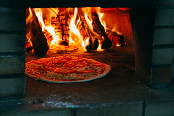 pizza, oven, wood-fired, brick oven, baking, flames, close-up, traditional, food, cooking, pizza in oven