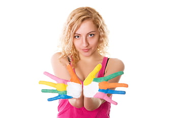 dívka, ruce, prsty, řemeslo, šťastný, Modelka, kavkazský, barvitý, umění, zábava, roztomilý