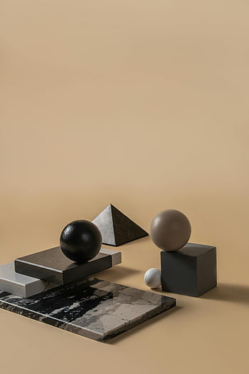 moderní složení, geometrické tvary, béžové pozadí, abstraktní umění, mramorové textury, 3D objekty, moderní design, Minimalistické umění, sférické tvary, tvar pyramidy, krychlová struktura