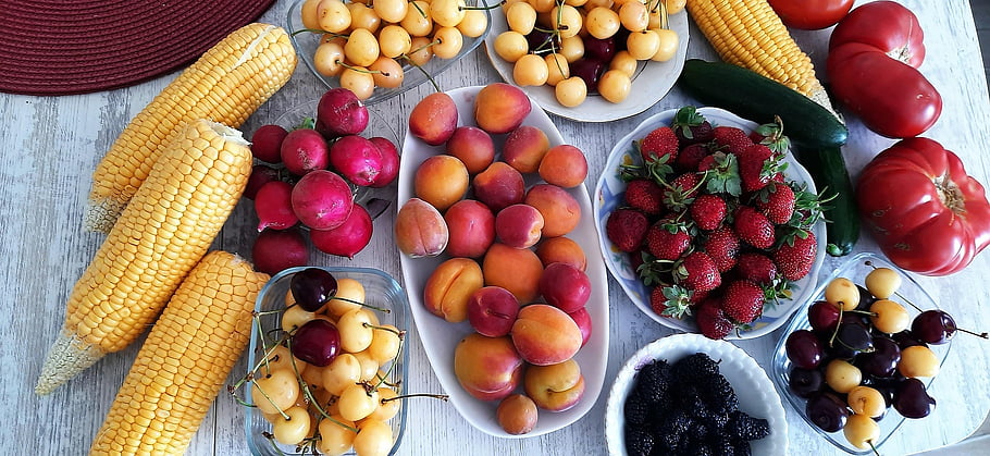 fruits, fresh, organic, healthy, nutrition, vegetarian, tasty, food, sweetcorn, strawberry, cherry