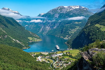 mountains, valley, river, cruise, town, village, nature, geiranger, geirangerfjord, fjord, norway