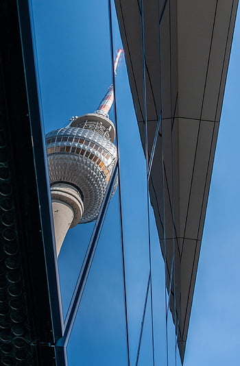 Berlín, televizní věž, budova, odraz, město, fasáda, sklenka, architektura
