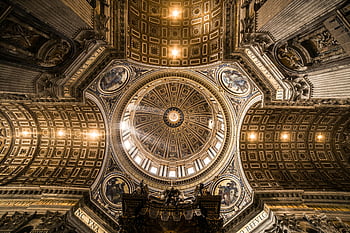 St. Peter's Basilica, dome ceiling, religious artistry, architectural grandeur, interior view, intricate design, Vatican City, Rome, Italy, historical architecture, church interior