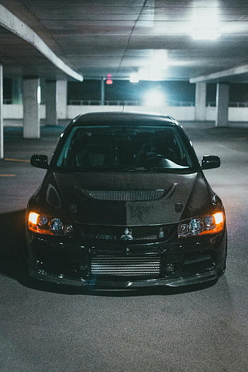 Black Mitsubishi Lancer, Evolution, indoor garage, night, front view, parking lot, car, headlights, performance car, sports car, Mitsubishi