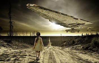child, road, spaceship, photomontage, ufo, kid, girl, little Girl, walk, path, futuristic