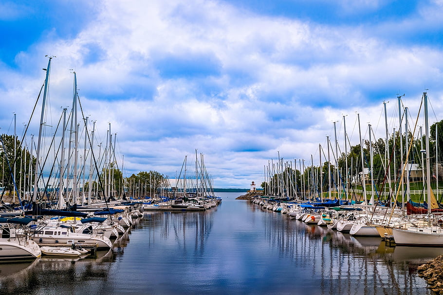 marina, sea, beach, boat, sail, nature, lake, sky, clouds, river, trees