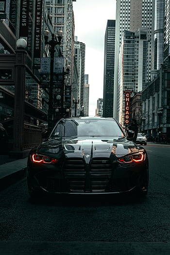 siyah bmw, Spor araba, şehir Sokağı, şehir merkezinde chicago, şık tasarım, kentsel ayarı, bmw logosu, Modern şehir manzarası, üst düzey araç, sokakta park etme, hareketli şehir