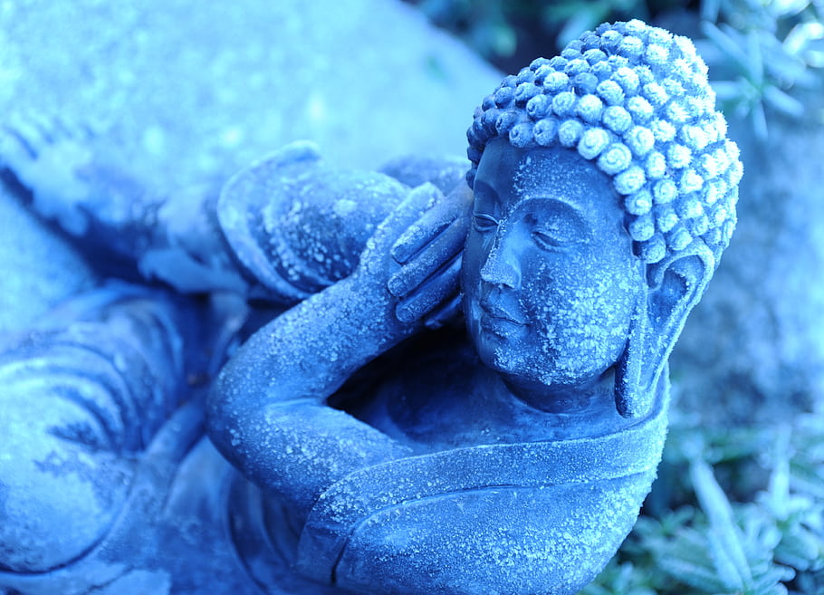 ledová socha, mladý lord Buddha, ledové krystaly, inspirující, modrý, zahrada, seattle, Washington, usa, broadview, 1st Ave NW
