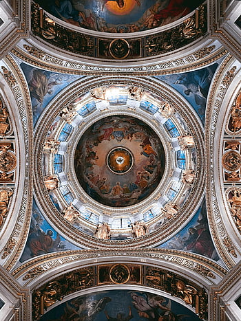 frescoes, ceiling, church, St. Isaac's Cathedral, Saint Petersburg, Russia, ornate, dome, religious art, interior, architecture