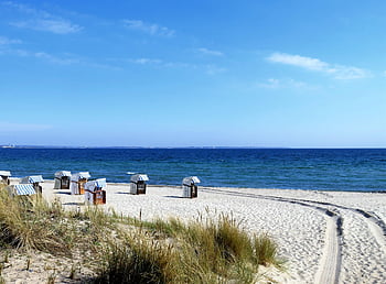 Strand, Kabinen, Küste, Sand, Meer, Ozean, Wasser, Sandstrand, Horizont, blauer Himmel, Landschaft