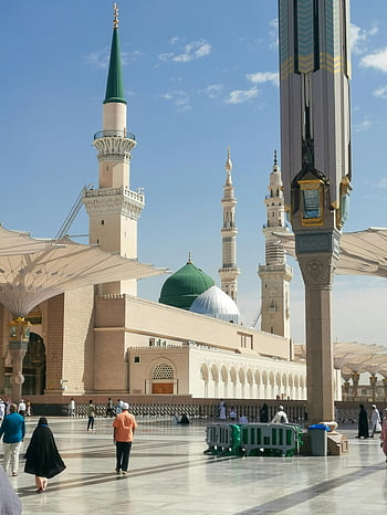 Moscheea Profetului, medina, domul verde, minarete, cer senin, lumina zilei, islamice, Sit religios, Arabia Saudită, Orientul Mijlociu, pelerinaj