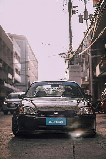 Honda Civic EK, čelní pohled, Elegantní černé auto, Rušná městská ulice, soumrak, Lžíce Sports, městském prostředí, kompaktní auto, japonské auto, pouliční scény, Automobiloví nadšenci