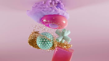 forme astratte, colori vibranti, Forme 3D, luccichio, sfondo rosa morbido, design giocoso, design moderno, avvicinamento, arte astratta, oggetti colorati, composizione creativa