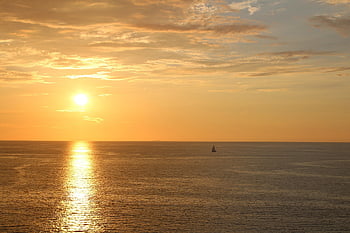 Atardecer, Sol, beschädigen, cielo, natürlich, horizonte, paisaje, Barco, Amarillo, Naranja