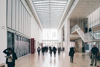 art gallery, modern architecture, spacious lobby, visitors, concrete building, hallway, special exhibitions, Abbott Galleries, contemporary design, indoor space, people walking